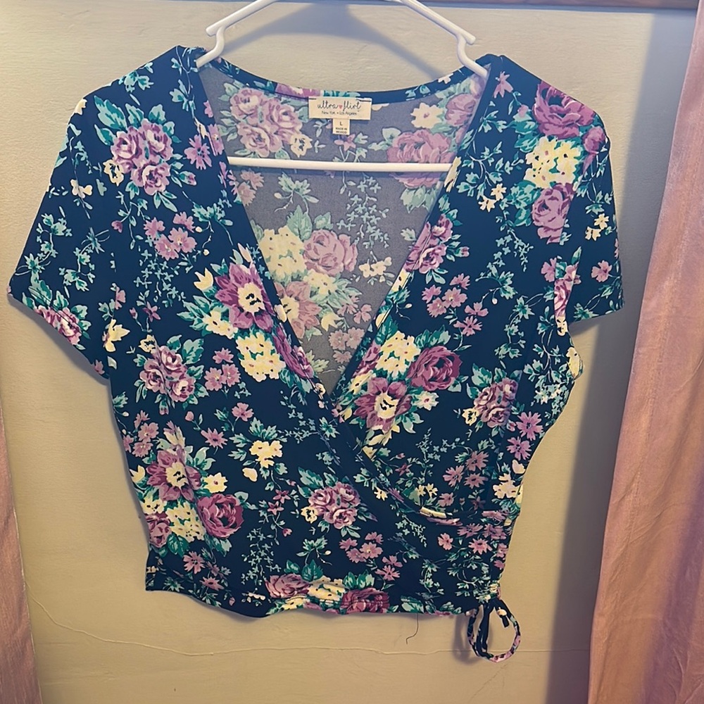 Ultra Flirt Pink and Purple Wrap Blouse Short Sleeve